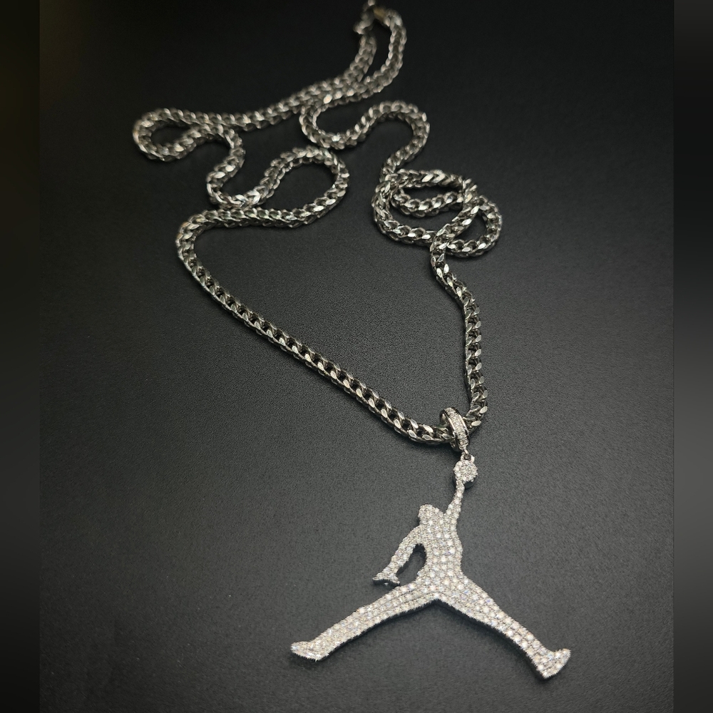 🔥 Solid S925 MOISSANITE Jordan Pendant  – 24” Diamond Cut Franco , 35.06 TW